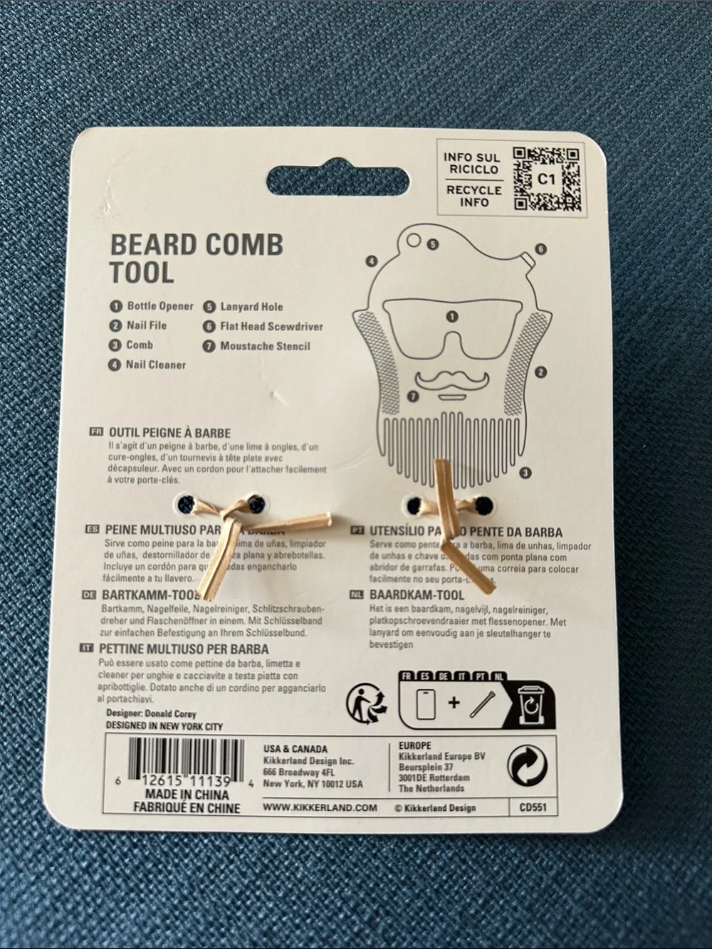 Kikkerland Silver Stainless Steel Beard Comb Tool Keychain